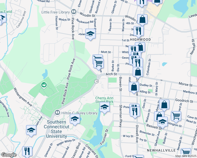 map of restaurants, bars, coffee shops, grocery stores, and more near 175 Arch Street in Hamden