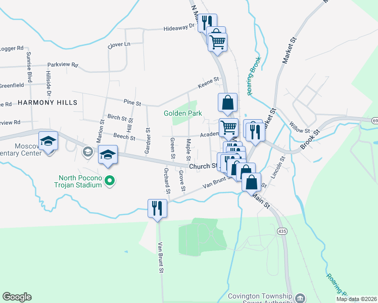 map of restaurants, bars, coffee shops, grocery stores, and more near 128 Maple Street in Moscow