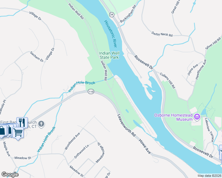 map of restaurants, bars, coffee shops, grocery stores, and more near 1 Indian Well Road in Shelton