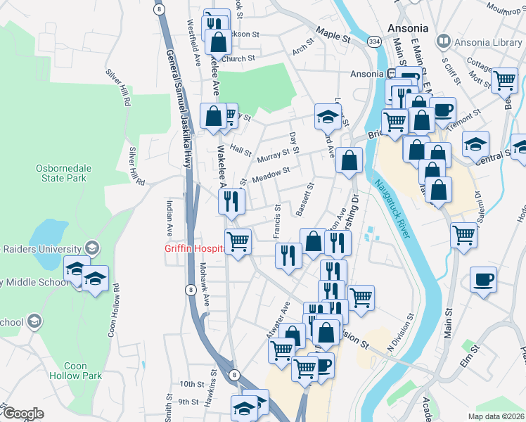 map of restaurants, bars, coffee shops, grocery stores, and more near 28 Rufus Street in Ansonia