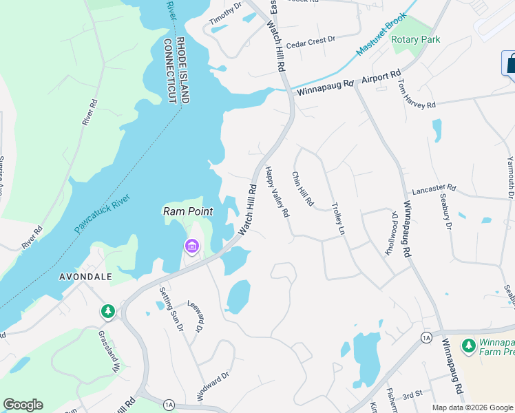 map of restaurants, bars, coffee shops, grocery stores, and more near 66 Watch Hill Road in Westerly