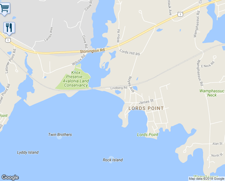 map of restaurants, bars, coffee shops, grocery stores, and more near 43 Lindberg Road in Stonington