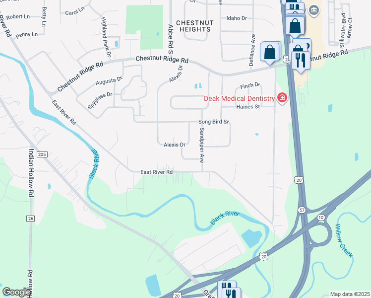 map of restaurants, bars, coffee shops, grocery stores, and more near 614 Alexis Drive in Elyria