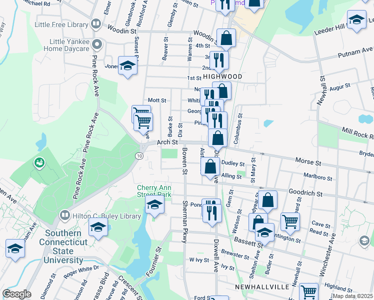 map of restaurants, bars, coffee shops, grocery stores, and more near 55 Arch Street in Hamden