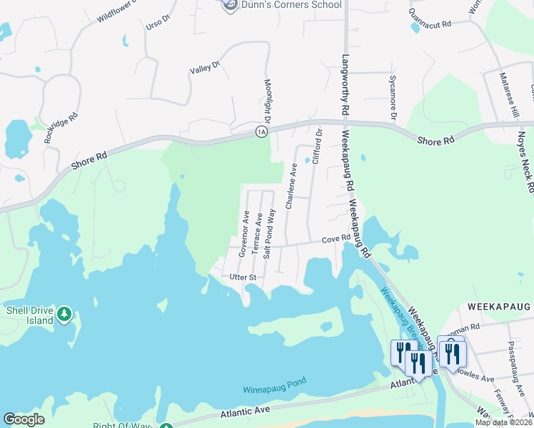 map of restaurants, bars, coffee shops, grocery stores, and more near 51 Terrace Avenue in Westerly