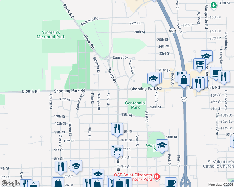 map of restaurants, bars, coffee shops, grocery stores, and more near 1815 Shooting Park Road in Peru