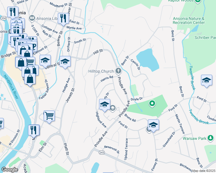 map of restaurants, bars, coffee shops, grocery stores, and more near 25 Belleview Terrace in Ansonia