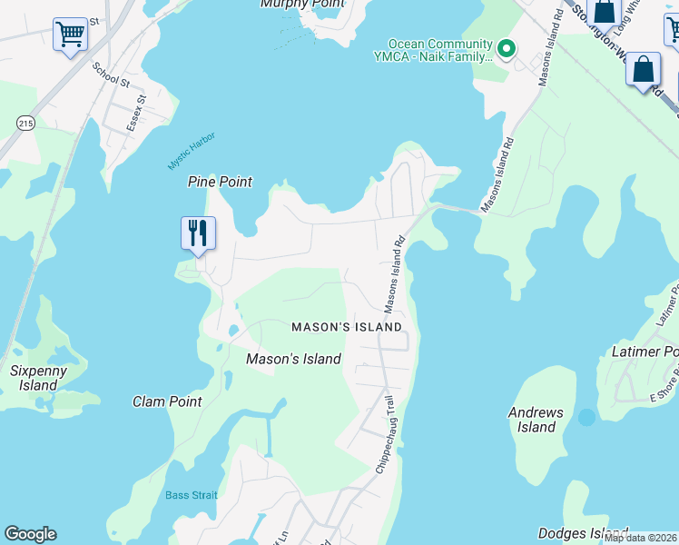 map of restaurants, bars, coffee shops, grocery stores, and more near 9 Egret Road in Stonington