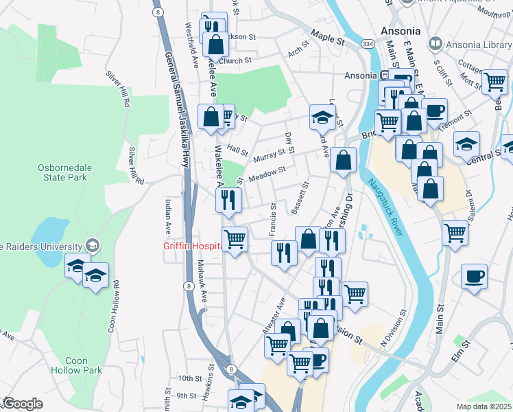 map of restaurants, bars, coffee shops, grocery stores, and more near 12 York Street in Ansonia