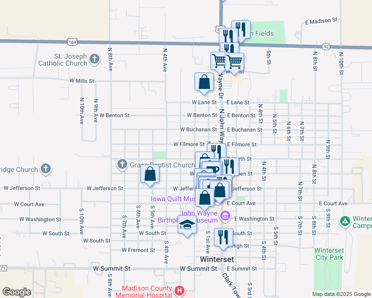 map of restaurants, bars, coffee shops, grocery stores, and more near 524 North 3rd Avenue in Winterset
