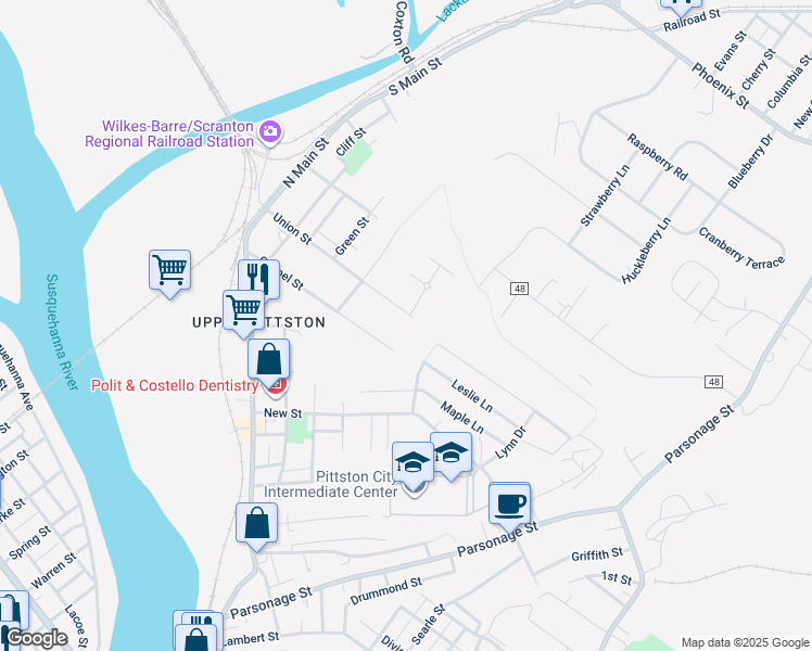 map of restaurants, bars, coffee shops, grocery stores, and more near 132 Union St in Pittston
