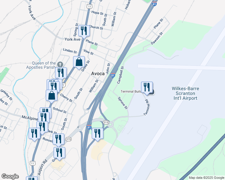 map of restaurants, bars, coffee shops, grocery stores, and more near 1321 Spruce Street in Pittston