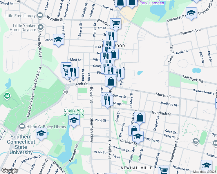 map of restaurants, bars, coffee shops, grocery stores, and more near 910 Dixwell Avenue in Hamden