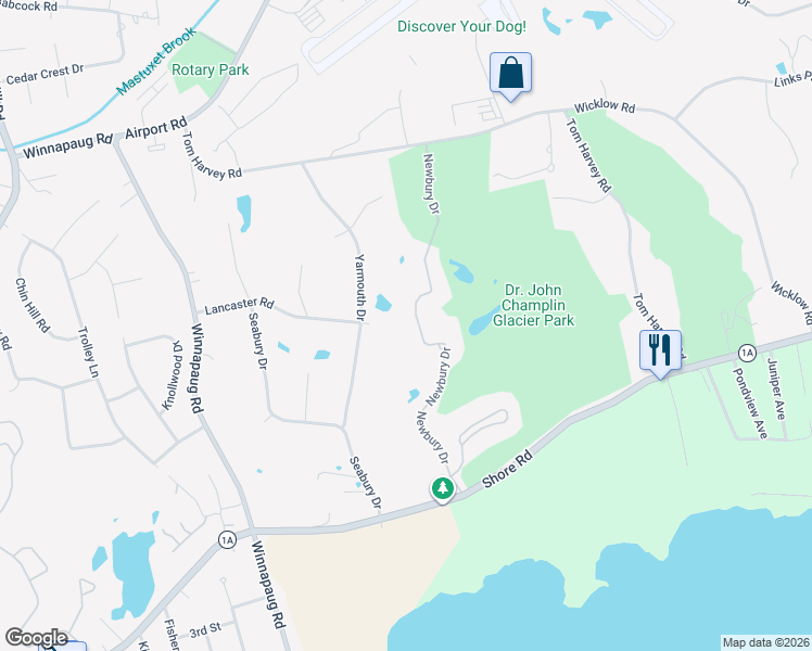 map of restaurants, bars, coffee shops, grocery stores, and more near 23 Newbury Drive in Westerly