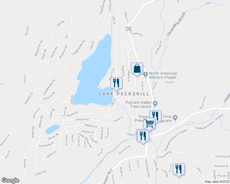 map of restaurants, bars, coffee shops, grocery stores, and more near 123 Lake Drive in Lake Peekskill