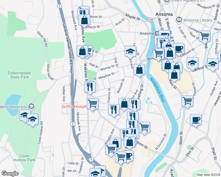 map of restaurants, bars, coffee shops, grocery stores, and more near 54 Francis Street in Ansonia