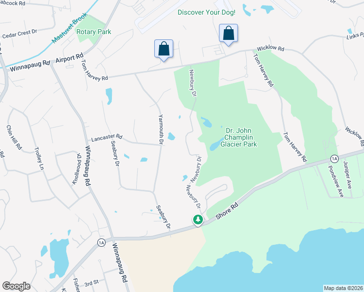 map of restaurants, bars, coffee shops, grocery stores, and more near 23 Newbury Drive in Westerly