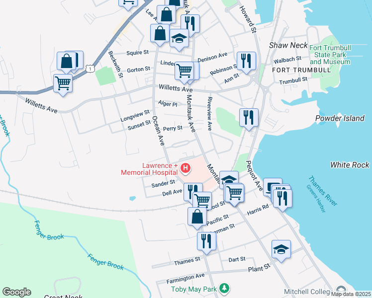 map of restaurants, bars, coffee shops, grocery stores, and more near 313 Montauk Avenue in New London