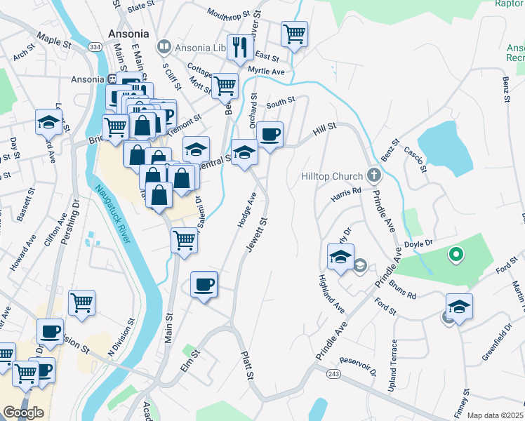 map of restaurants, bars, coffee shops, grocery stores, and more near 186 Hodge Avenue in Ansonia