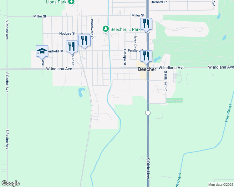 map of restaurants, bars, coffee shops, grocery stores, and more near 641 Melrose Lane in Beecher