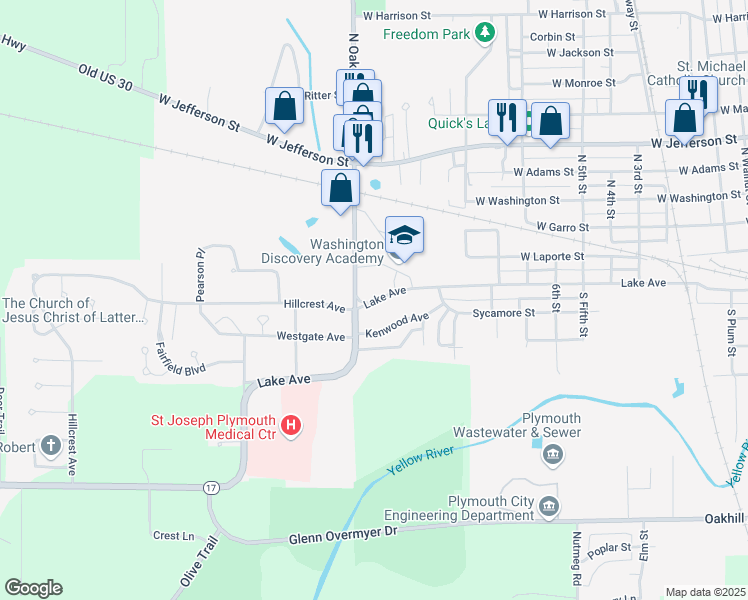 map of restaurants, bars, coffee shops, grocery stores, and more near 1500 Lake Avenue in Plymouth