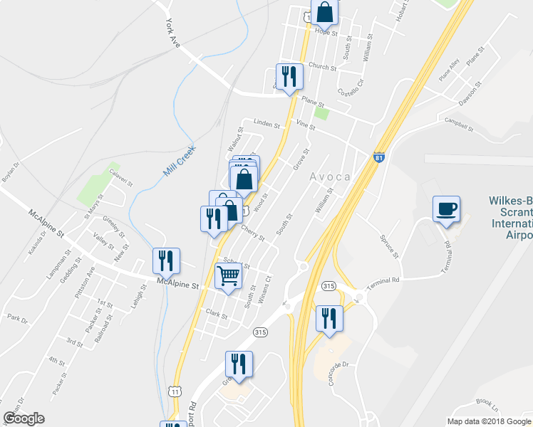 map of restaurants, bars, coffee shops, grocery stores, and more near 713 Grove Street in Avoca