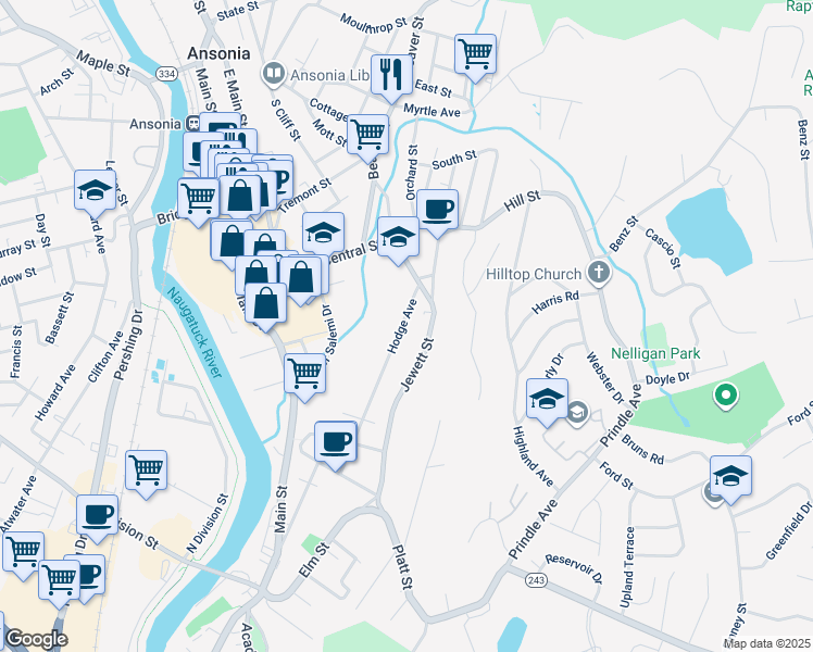 map of restaurants, bars, coffee shops, grocery stores, and more near 166 Hodge Avenue in Ansonia