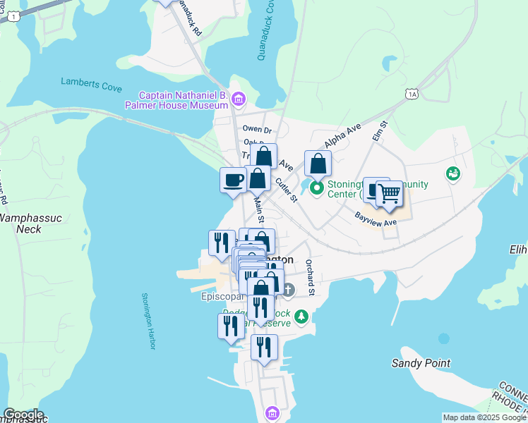 map of restaurants, bars, coffee shops, grocery stores, and more near 107 Main Street in Stonington