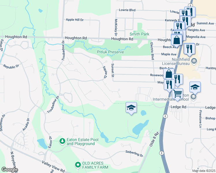 map of restaurants, bars, coffee shops, grocery stores, and more near 257 Bridgewater Lane in Northfield