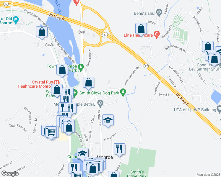 map of restaurants, bars, coffee shops, grocery stores, and more near 298 Schunnemunk Street in Monroe