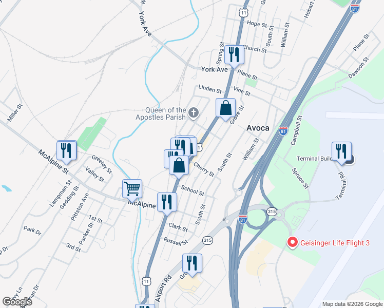 map of restaurants, bars, coffee shops, grocery stores, and more near 722 Spring St in Avoca