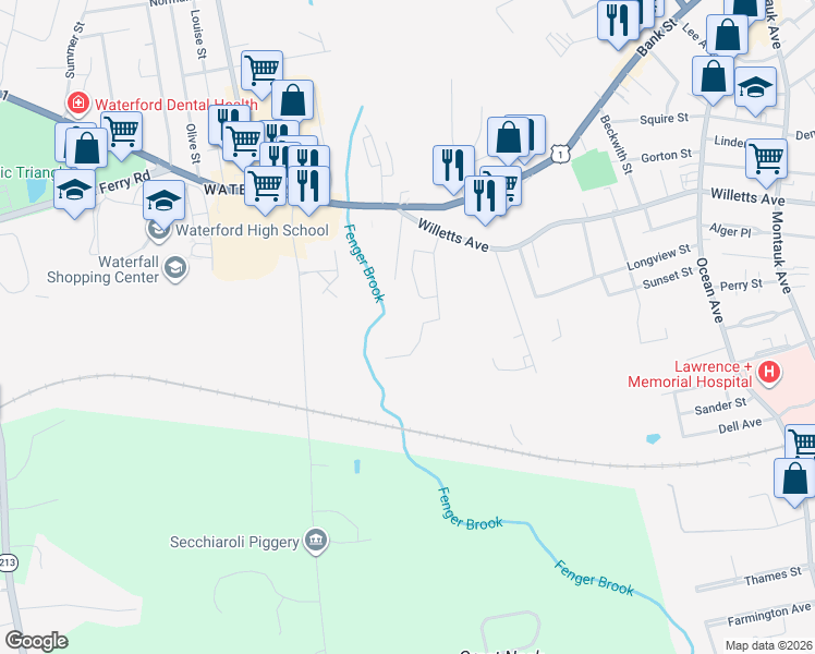map of restaurants, bars, coffee shops, grocery stores, and more near 394 Willetts Avenue in Waterford