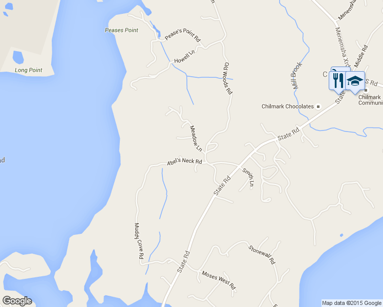 map of restaurants, bars, coffee shops, grocery stores, and more near 17 Abel's Neck Road in Chilmark