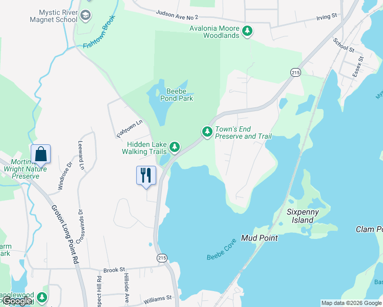map of restaurants, bars, coffee shops, grocery stores, and more near 824 Noank Road in Groton