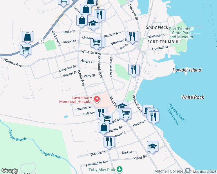 map of restaurants, bars, coffee shops, grocery stores, and more near 91 Riverview Avenue in New London