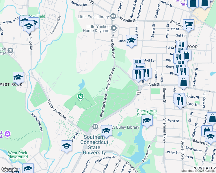 map of restaurants, bars, coffee shops, grocery stores, and more near 155 Pine Rock Avenue in Hamden
