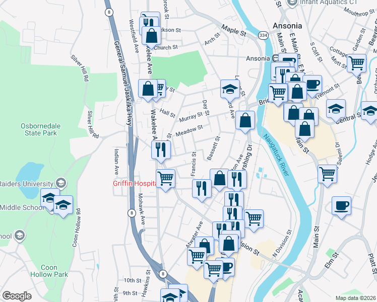 map of restaurants, bars, coffee shops, grocery stores, and more near 12 York Street in Ansonia