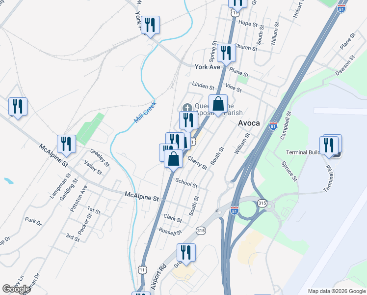 map of restaurants, bars, coffee shops, grocery stores, and more near 722 Spring St in Avoca