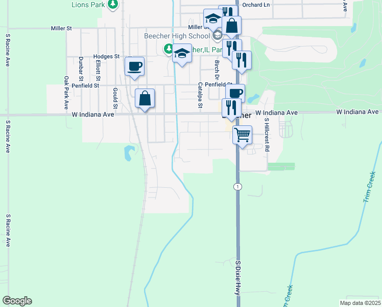 map of restaurants, bars, coffee shops, grocery stores, and more near 641 Melrose Lane in Beecher
