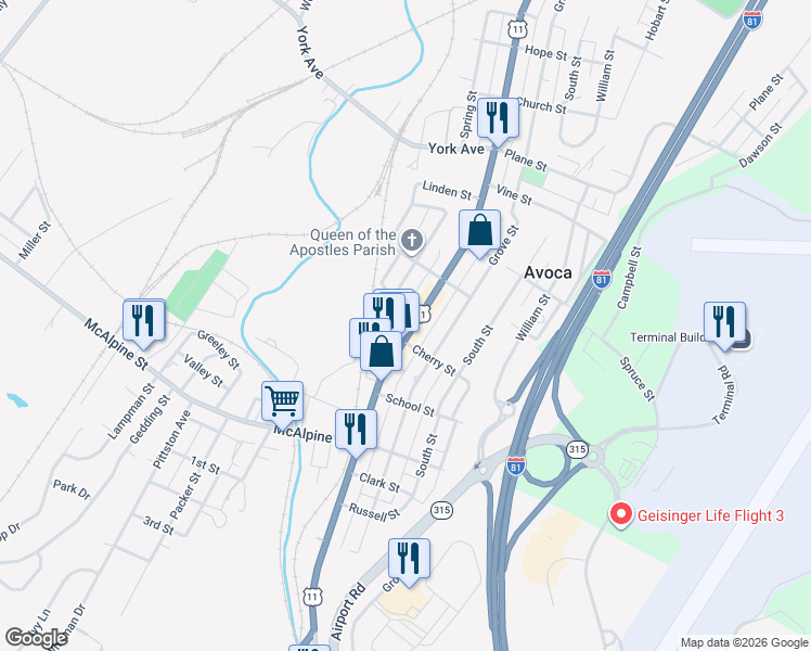 map of restaurants, bars, coffee shops, grocery stores, and more near 722 Spring St in Avoca