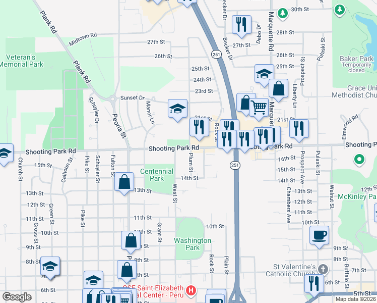 map of restaurants, bars, coffee shops, grocery stores, and more near 1930 Plum Street in Peru