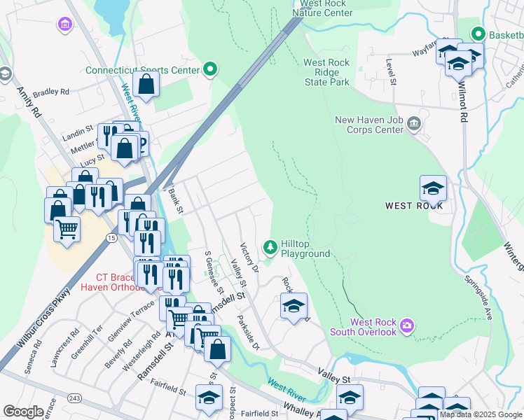 map of restaurants, bars, coffee shops, grocery stores, and more near 141 Mountain Road in New Haven