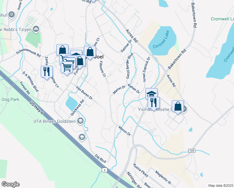 map of restaurants, bars, coffee shops, grocery stores, and more near 17 Meron Drive in Kiryas Joel