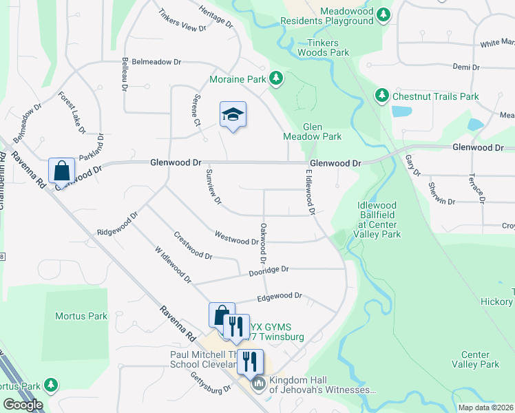 map of restaurants, bars, coffee shops, grocery stores, and more near 1836 Hillsdale Drive in Twinsburg