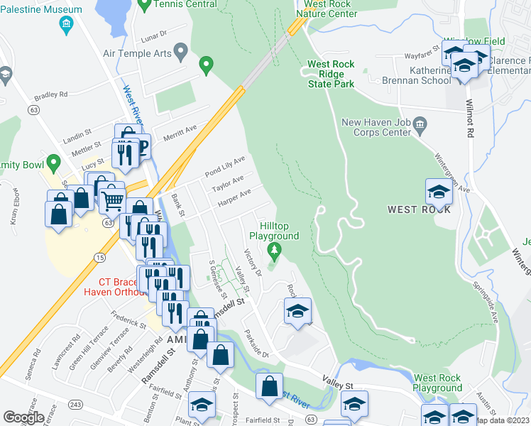 map of restaurants, bars, coffee shops, grocery stores, and more near 52 Hilltop Road in New Haven