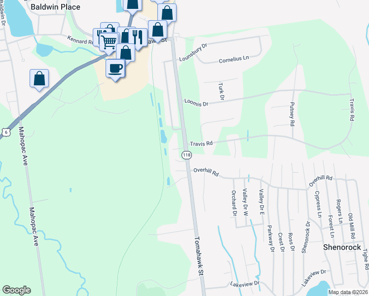 map of restaurants, bars, coffee shops, grocery stores, and more near 1 Meadow Park Road in Baldwin Place