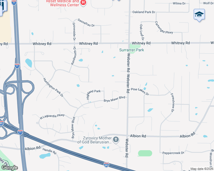 map of restaurants, bars, coffee shops, grocery stores, and more near 9754 Webster Road in Strongsville