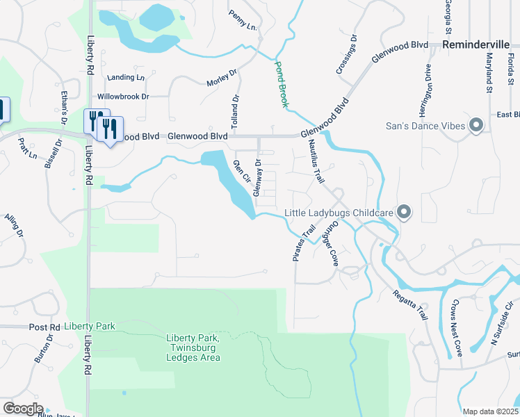 map of restaurants, bars, coffee shops, grocery stores, and more near 3511 Blossom Trail in Twinsburg