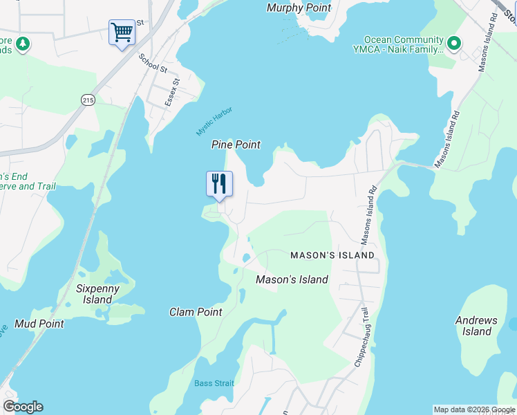 map of restaurants, bars, coffee shops, grocery stores, and more near 102 Old North Road in Stonington