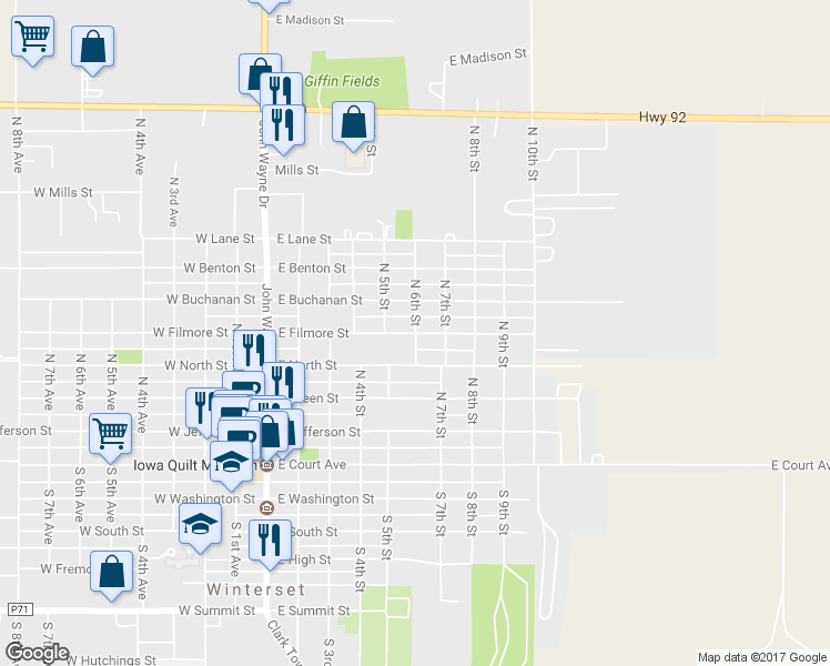 map of restaurants, bars, coffee shops, grocery stores, and more near 500 North 6th Street in Winterset